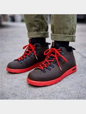Native Shoes Brown Boots with Red Laces and Red Sole